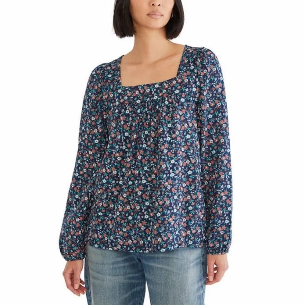 Lucky Brand Long Sleeve Top, Square Neck, Blue Floral Pattern, Boho